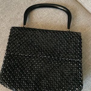 Whiting & Davis Black Beaded Mesh Bag with Plastic Handle -Vintage